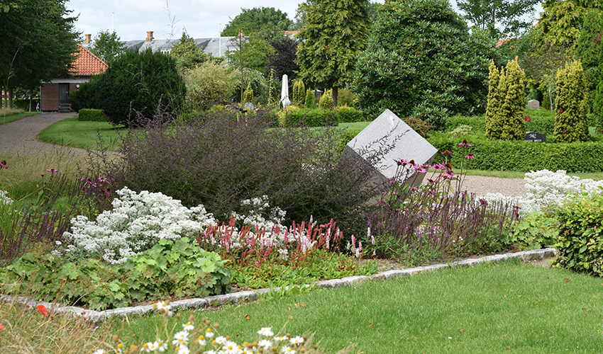 Billede af et af vores mange staudebede der blomstrer om sommeren.